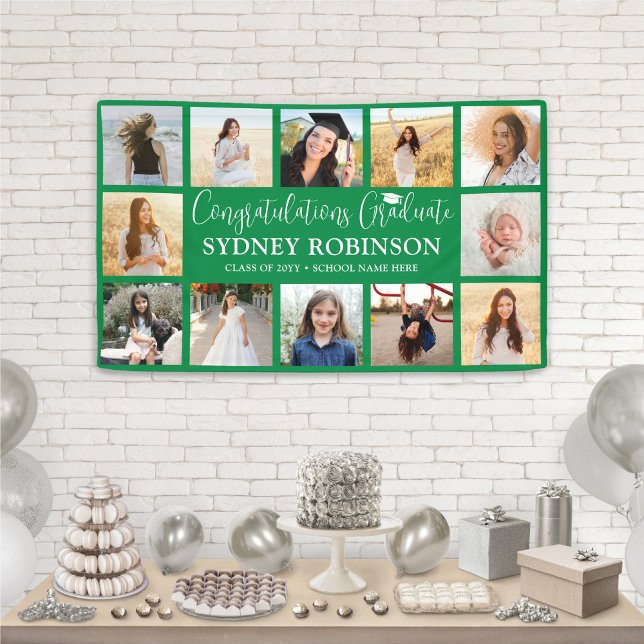 Graduation Congrats 12 Photo Collage Green & White Banner (Creator Uploaded)