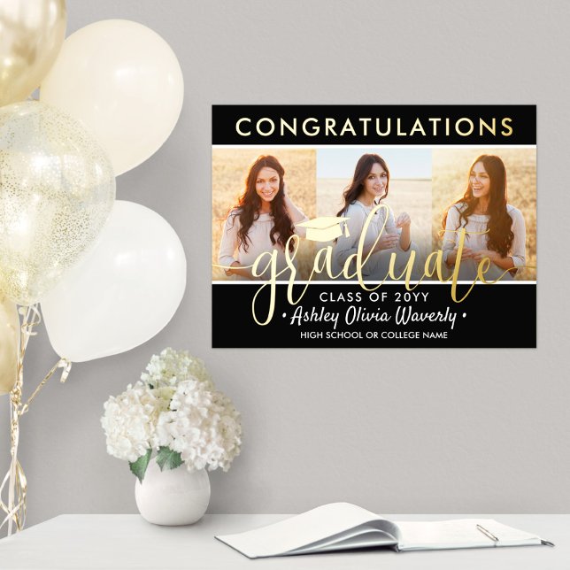 Graduation Congrats 3 Photo Collage Black and Real Foil Prints (Creator Uploaded)
