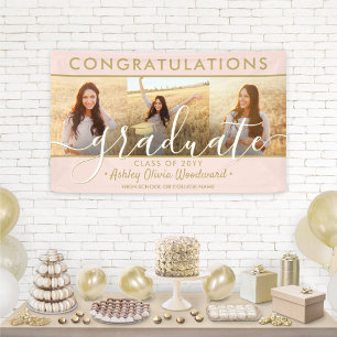 Graduation Congrats 3 Photo Collage Blush and Gold Banner