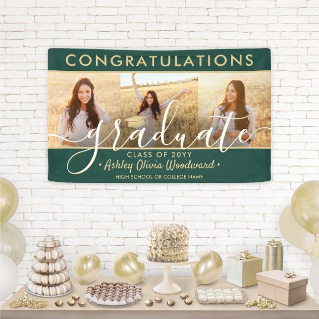 Graduation Congrats 3 Photo Collage Green and Gold Banner (Creator Uploaded)