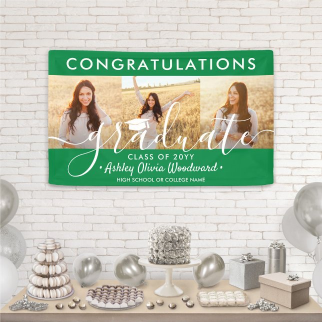 Graduation Congrats 3 Photo Collage Green & White Banner (Creator Uploaded)