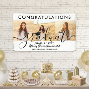Graduation Congrats 3 Photo Collage Modern Script  Banner