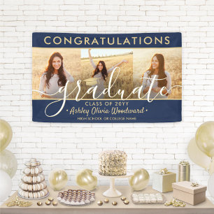 Graduation Congrats 3 Photo Collage Navy and Gold Banner