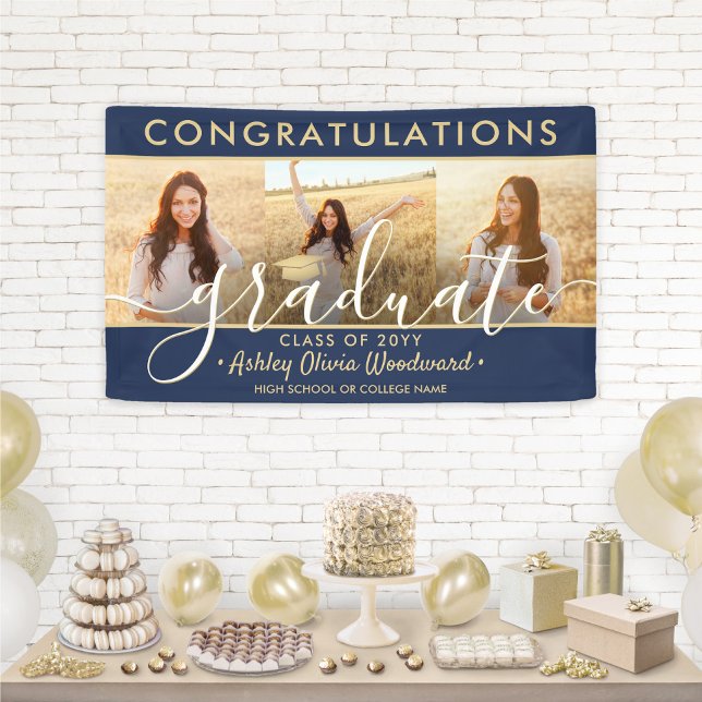 Graduation Congrats 3 Photo Collage Navy and Gold Banner (Creator Uploaded)