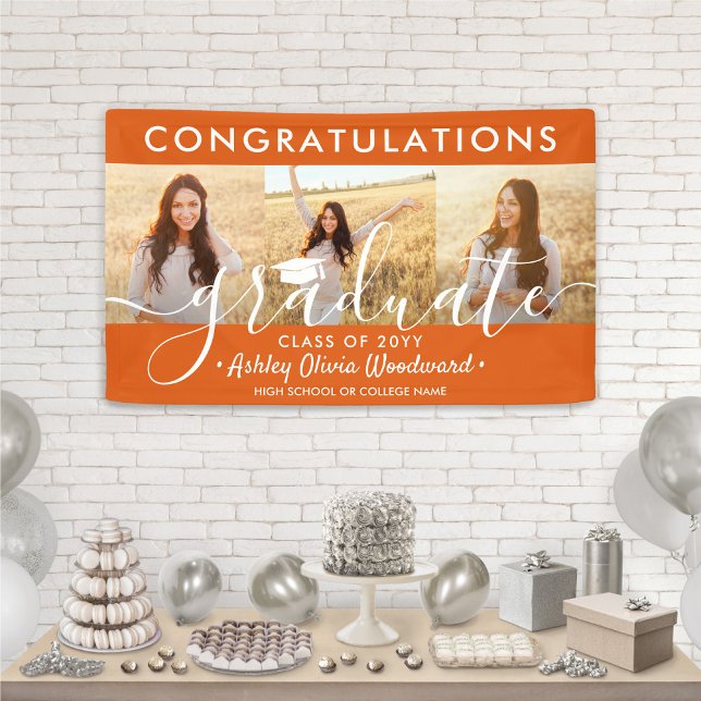 Graduation Congrats 3 Photo Collage Orange & White Banner (Creator Uploaded)