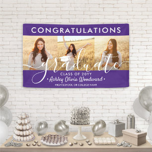 Graduation Congrats 3 Photo Collage Purple & White Banner