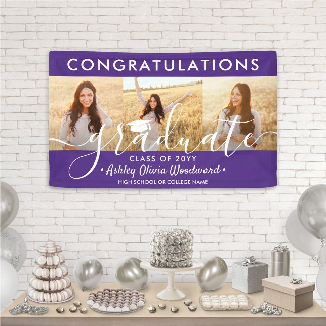 Graduation Congrats 3 Photo Collage Purple & White Banner (Creator Uploaded)