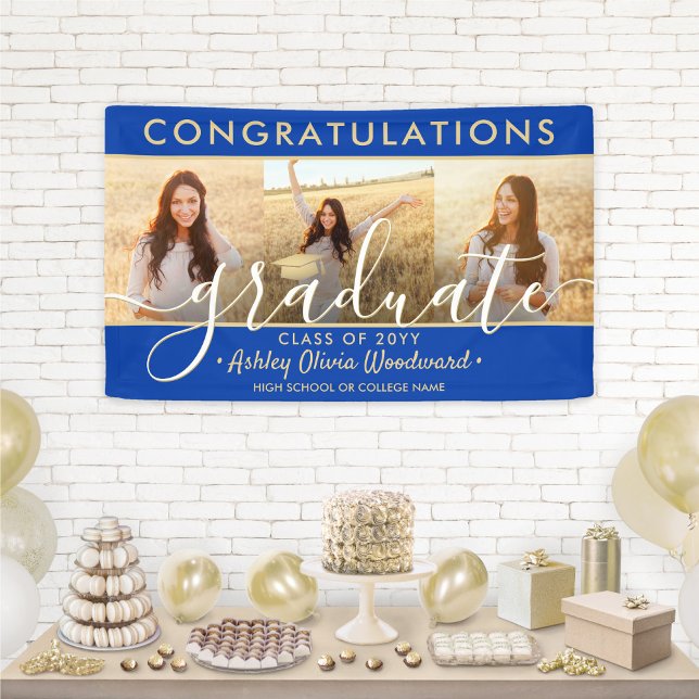 Graduation Congrats 3 Photo Royal Blue and Gold Banner (Creator Uploaded)