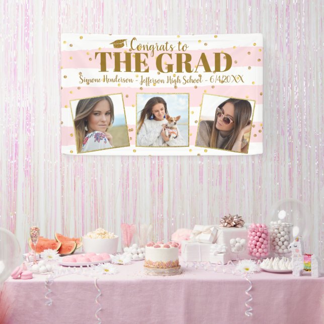 Graduation Congrats 3 Photos Gold Glitter Stripes Banner (Party)