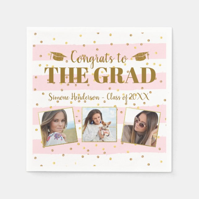 Graduation Congrats 3 Photos Gold Glitter Stripes Napkin (Front)