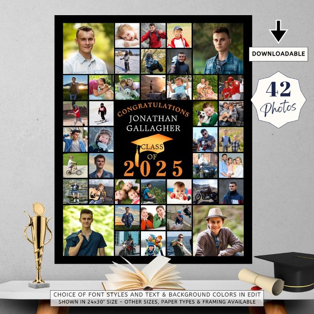 Graduation Congrats 42 Photo Collage Black Orange Poster (Creator Uploaded)