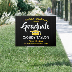 Graduation Congrats Black Gold Yellow White Yard Garden Sign