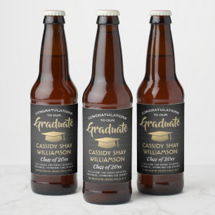 Graduation Congrats Brushed Black Gold and White Beer Bottle Label
