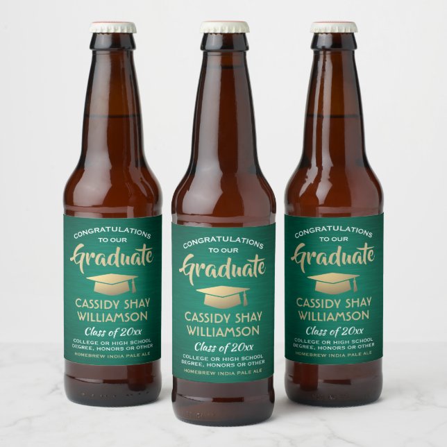 Graduation Congrats Brushed Green Gold and White Beer Bottle Label (Bottles)