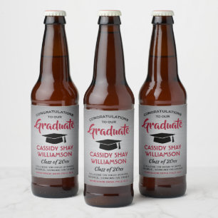 Graduation Congrats Brushed Grey Red and Black Beer Bottle Label