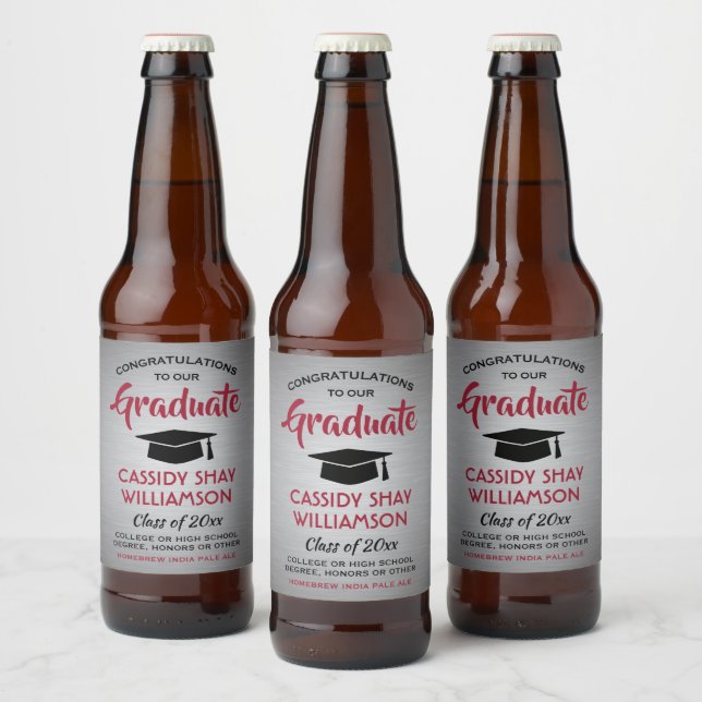 Graduation Congrats Brushed Grey Red and Black Beer Bottle Label (Bottles)