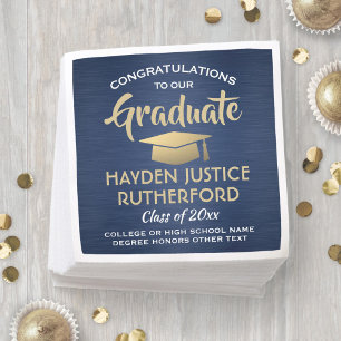 Graduation Congrats Brushed Navy Blue Gold & White Napkin