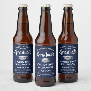 Graduation Congrats Brushed Navy Blue White Silver Beer Bottle Label