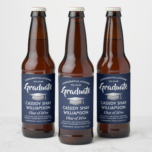 Graduation Congrats Brushed Navy Blue White Silver Beer Bottle Label (Bottles)