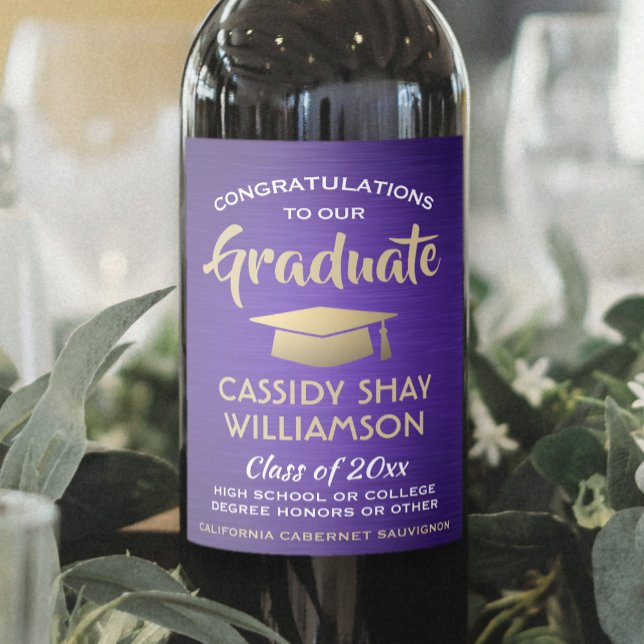Graduation Congrats Brushed Purple Gold and White Wine Label (Creator Uploaded)
