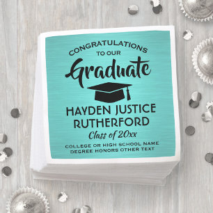 Graduation Congrats Brushed Teal Blue and Black Napkin