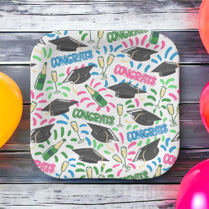 Graduation Congrats Champagne Confetti Colourful  Paper Plate
