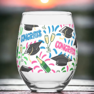 Graduation Congrats Champagne Confetti Colourful  Stemless Wine Glass