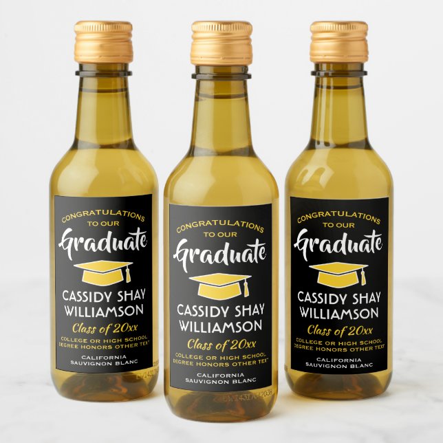 Graduation Congrats Elegant Black Gold Yellow Mini Wine Label (Bottles)