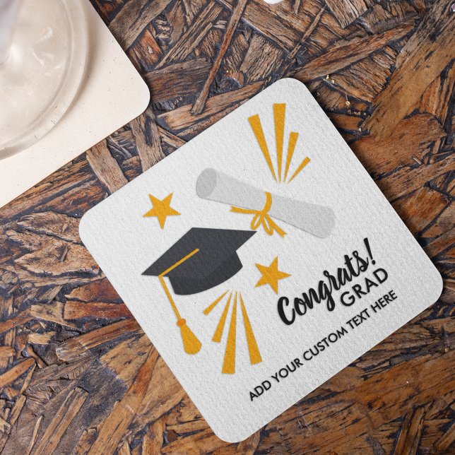 Graduation Congrats Grad Cap Diploma Stars Custom Square Paper Coaster (Creator Uploaded)