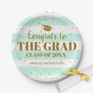 Graduation Congrats Grad Gold Glitter Stripes Paper Plate