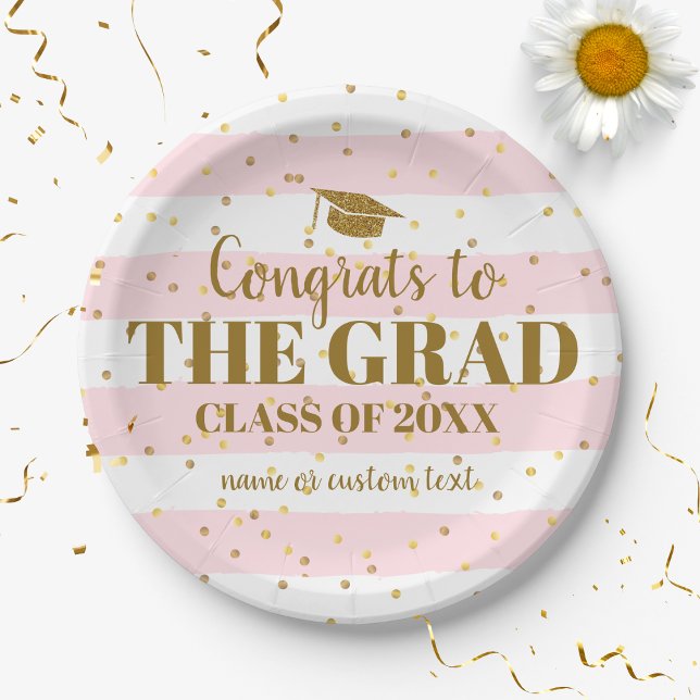 Graduation Congrats Grad Gold Glitter Stripes Paper Plate (Creator Uploaded)