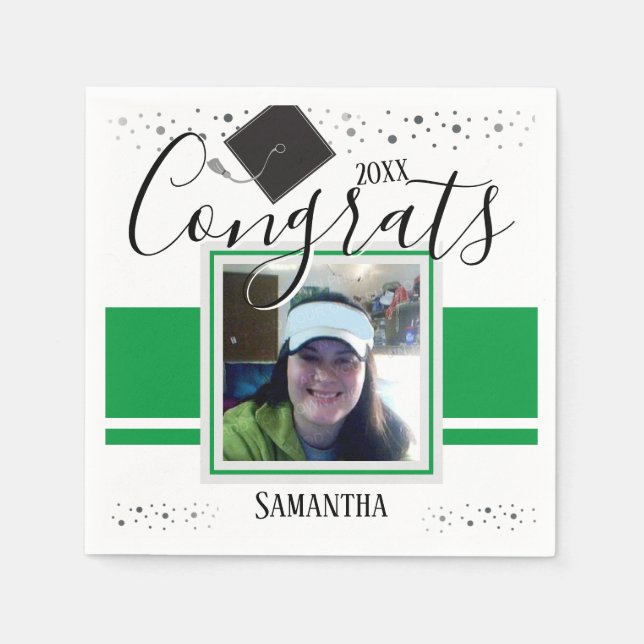 Graduation Congrats GRAD Name and Photo Green Napkin (Front)