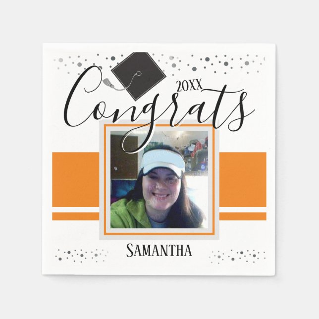 Graduation Congrats GRAD Name and Photo Orange Napkin (Front)