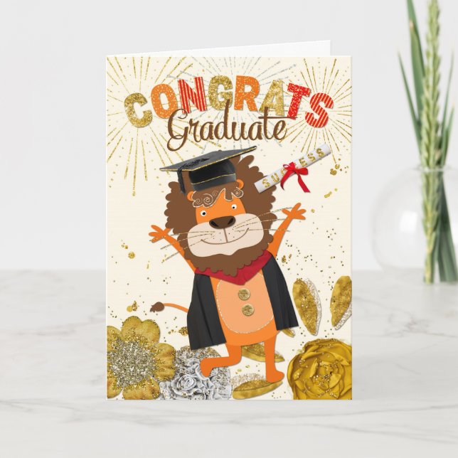 Graduation Congrats - Lion Cartoon Roaring Success Card (Front)