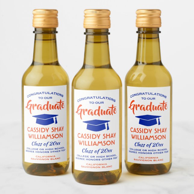 Graduation Congrats Modern Orange and Blue Mini Wine Label (Bottles)