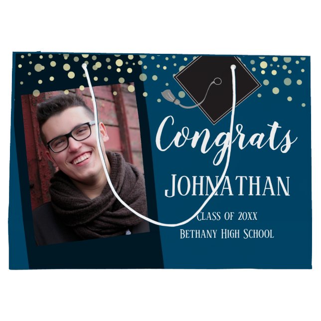 Graduation Congrats One Photo Blue Large Gift Bag (Back)