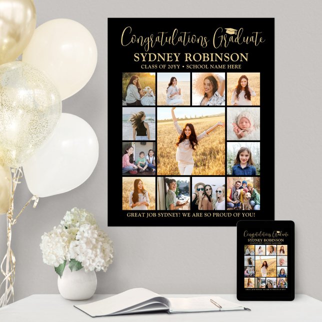 Graduation Congrats Photo Collage Black and Gold Poster (Creator Uploaded)