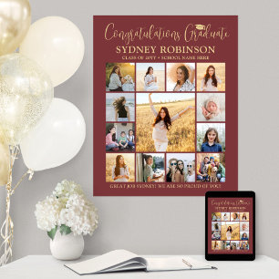Graduation Congrats Photo Collage Burgundy & Gold Poster
