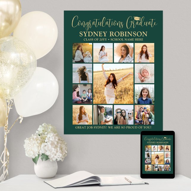 Graduation Congrats Photo Collage Green and Gold Poster (Creator Uploaded)