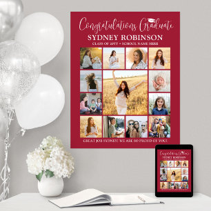 Graduation Congrats Photo Collage Modern Red White Poster