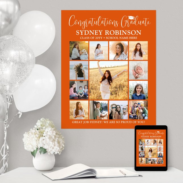 Graduation Congrats Photo Collage Orange and White Poster (Creator Uploaded)