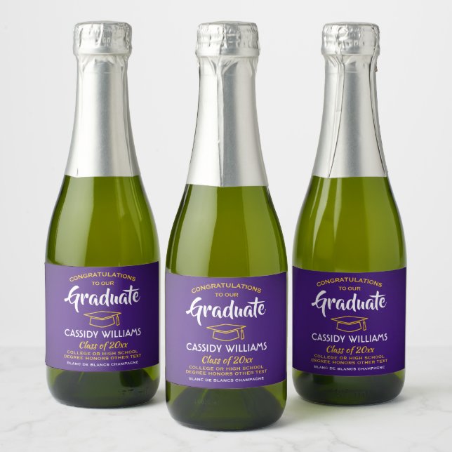 Graduation Congrats Purple Gold Yellow Mini Split Sparkling Wine Label (Bottles)