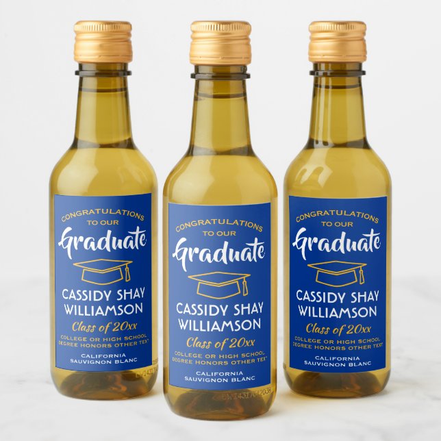 Graduation Congrats Royal Blue Gold Yellow Mini Wine Label (Bottles)