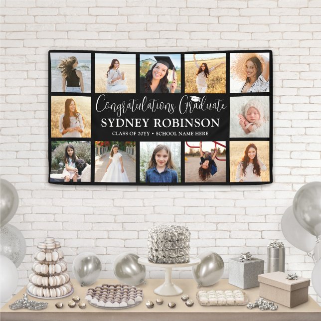 Graduation Congrats Script 12 Photo Collage Black Banner (Creator Uploaded)