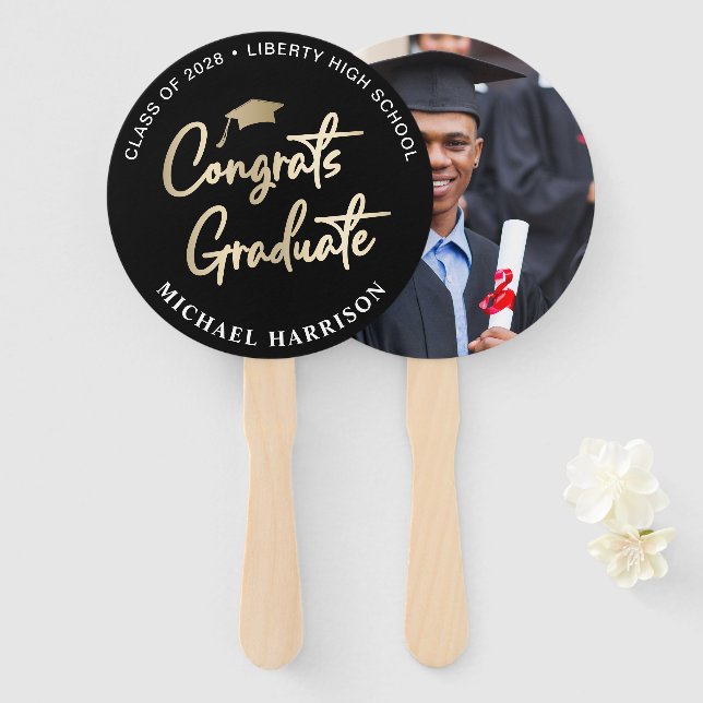 Graduation Congratulation Photo Black Hand Fan (Front and Back)