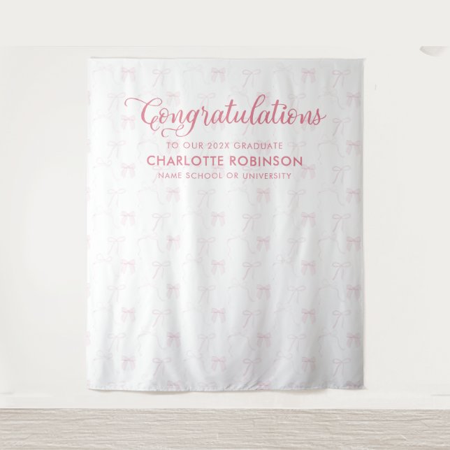 Graduation Congratulation Pink Bow Backdrop Tapestry (Front)