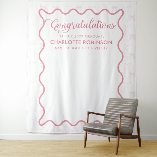 Graduation Congratulation Pink Bow Backdrop Tapestry (In Situ)