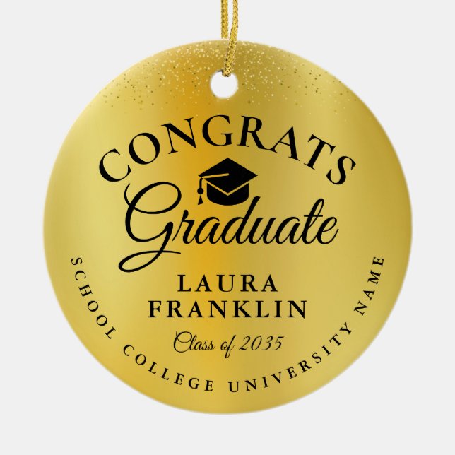 Graduation Congratulations Gold Glitter Foil Ceramic Tree Decoration (Front)