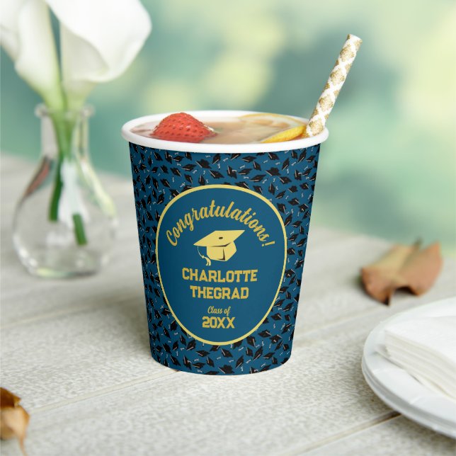 Graduation Congratulations Personalise Blue Gold Paper Cups (Insitu)