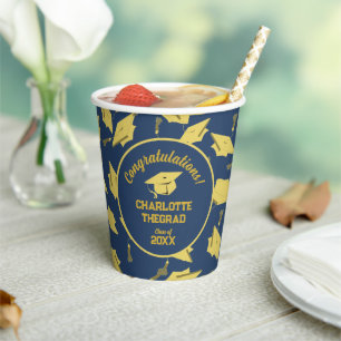 Graduation Congratulations Personalise Blue Gold Paper Cups